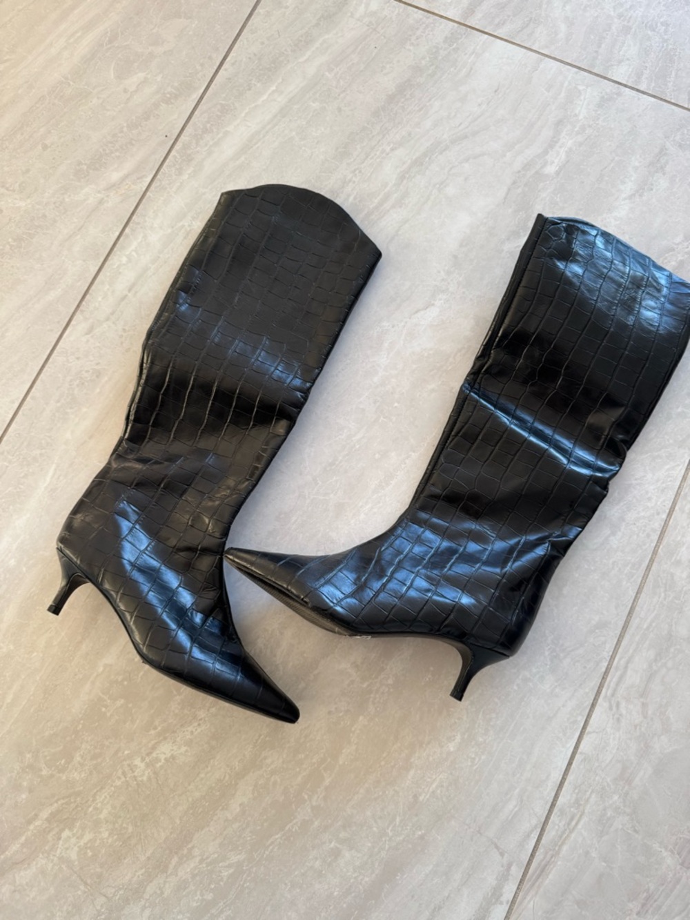 Black Schultz Croc-Embossed Pointed-Knee Boots - Picture 2 of 6